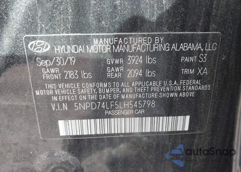 2020 Hyundai Elantra Se z USA, uszkodzony, nr VIN 5NPD74LF5LH545798